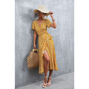 Boho Ditsy Floral V-Neck Asymmetrical Wrapped Dress